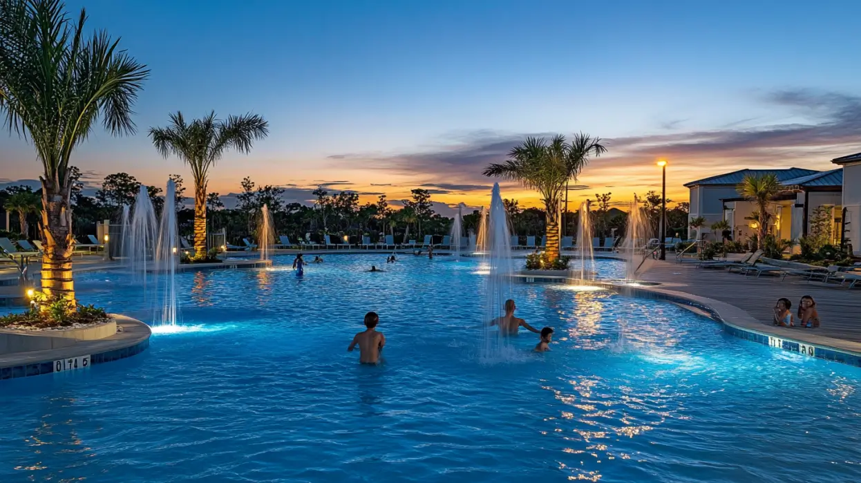 family-friendly resort pool area with integrated dry deck musical fountain