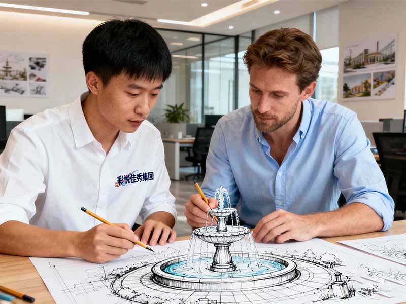 Two people discussing architectural plans.