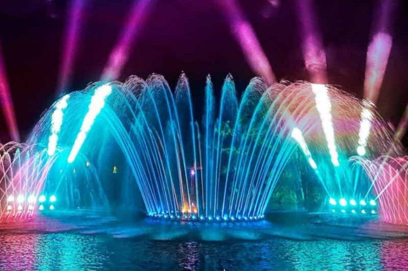 Colorful illuminated fountain display at night