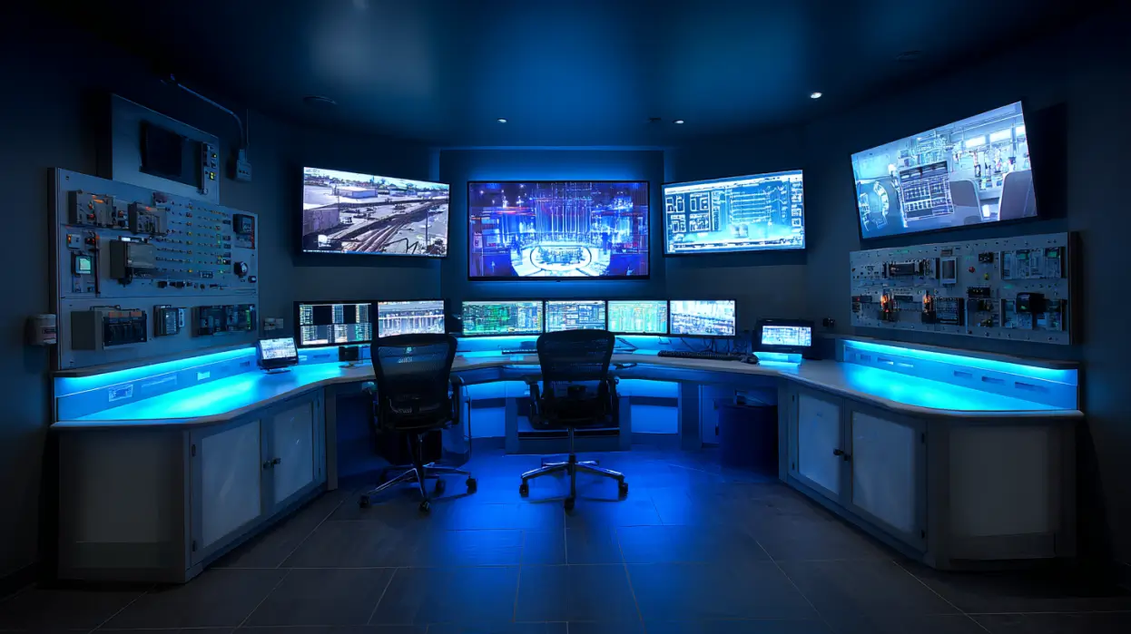 modern fountain control room with DMX control panels, PLC cabinets, VFD drives, multiple monitors displaying synchronized fountain programming timelines, industrial electrical engineering environment